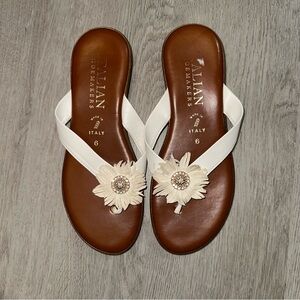 Italian Shoemakers White and Brown Thong Sandals with Pearl Accent